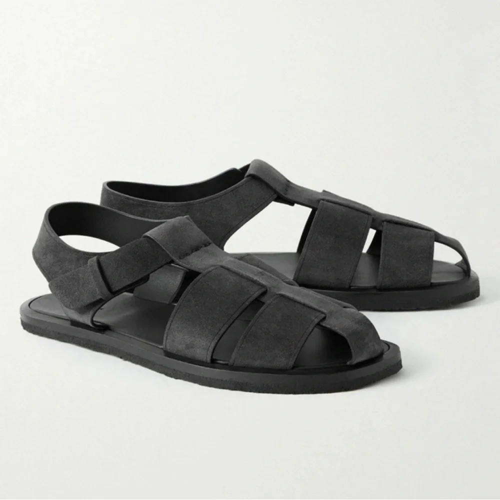New The Row Men’s Fisherman Suede Saddle Nubuck Sandals - Black Size 45 EU